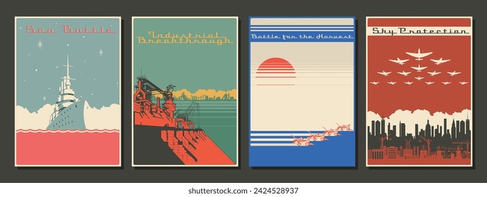 Propaganda Placards Retro Posters Stylization, Battleship, Plant, Harvesters, Planes, Cityscape Illustrations