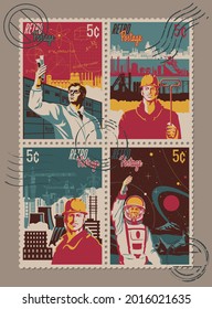 Propaganda Briefmarken, Postmarken, Arbeiter, Wissenschaftler und Astronaut, industrieller Hintergrund Retro Sowjetposter-Stil