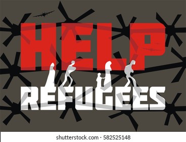The propaganda poster about refugees and illegal migrants. Vector illustration.