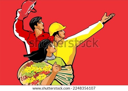 Propaganda poster and elements. Man and woman raise your hand with flower 