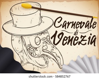 Propaganda poster with hand drawn plague doctor character illustration in scroll with black cloak, ruff neckwear and cane for the celebrations in Carnival of Venice (written in Italian).