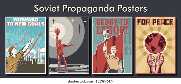 Propaganda Poster Set, Soviet Placards, Illustrations, Industry, Astronautics, Labor and Peace 