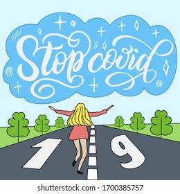 Póster de propaganda Stop covid 19, chica y una gran nube con la inscripción.