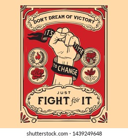 Propaganda poster vintage, fist hand with text victory, hope and fight classic style