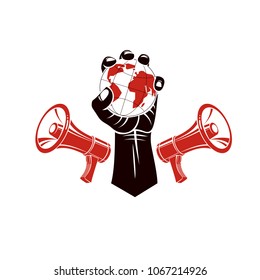 Propaganda as a powerful weapon of global influence on social behavior. Vector emblem created with strong fist holding Earth symbol and composed with loudspeakers equipment.