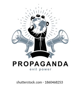 La propaganda como arma poderosa de influencia global en el comportamiento social. Emblema vectorial creado con puño fuerte sosteniendo el símbolo de la Tierra y compuesto por equipo de altavoces.