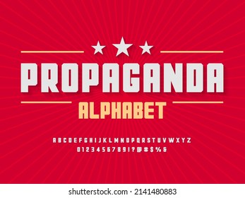 Propaganda Retro style alphabet design with uppercase, numbers and symbols