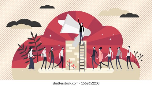 Propaganda vector illustration. Communication channel in flat tiny persons concept. Communism style sign with loudspeaker and strong leader on podium. Russian and Korea strategy to control people mind