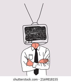 Propaganda or video blogging conceptual illustration with man with a TV instead of a head isolated on light background. Vector illustration