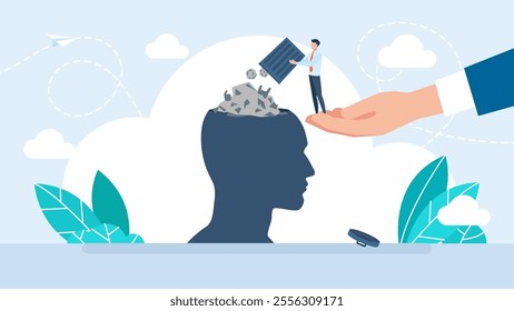 Propagandist litters human brain with fake news. Manipulation of citizens mass media. Throwing garbage on head. Spreading misinformation in internet. Brainwashing, propaganda. Vector illustration