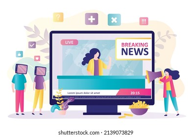 Propagandist With Megaphone Spreading Fake News. Presenter On Breaking News Program Misinforms People. Propaganda In Media And Social Networks. Hypnotized Persons Watching Tv. Vector Illustration