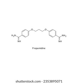 Propamidine flat skeletal molecular structure Antibacterial agent drug used in skin disinfection treatment. Vector illustration.