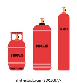 Propan Cylinders With High Pressure And Valves. Propane Cylinders Dangerous, Explosive. Metal Tanks With Industrial Liquefied Compressed Oxygen, Oil, Petroleum, LPG Propane Gas Containers Bottles Set