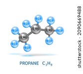 Propan gas (C3H8) molecule models and Physical chemical formulas. Natural gas combustible gaseous fuel. Ecology and biochemistry science concept. Isolated on white background. 3D Vector Illustration.