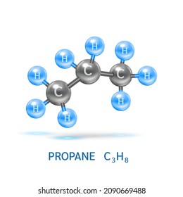 Propan gas (C3H8) molecule models and Physical chemical formulas. Natural gas combustible gaseous fuel. Ecology and biochemistry science concept. Isolated on white background. 3D Vector Illustration.