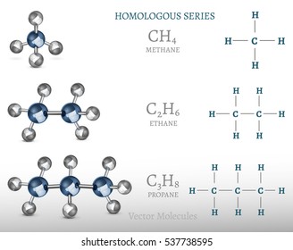 Propane, ethane, methane molecules in 3D style. Vector illustration with chemical formulas isolated on a light grey background. Scientific, educational and popular-scientific concept.