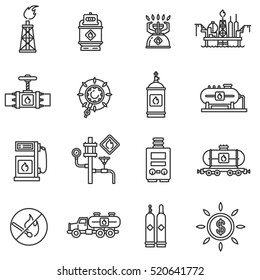 Propane gas icons set. Mining, shipping, processing and storage of gas, thin line design. Gas industry, linear symbols collection