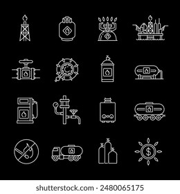 Propane gas, white line icons. Mining, shipping, processing, and storage of gas. industrial and energy themes. Symbols on black background. Editable stroke.