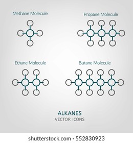 Propane, methane, ethane and butane molecules in iconic style. Vector Alkanes illustration isolated on a light grey background. Scientific, educational and popular-scientific concept.