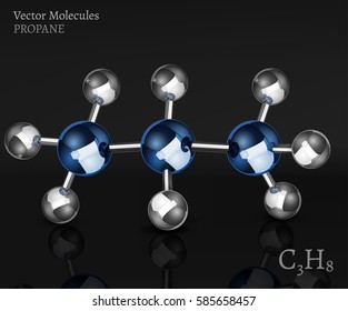 Propane molecule in 3D style. C3H8 vector illustration isolated on a dark grey background. Scientific, educational and popular-scientific concept.