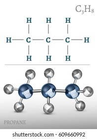Propane molecule in 3D style. C3H8 vector illustration isolated on a dark grey background. Scientific, educational and popular-scientific concept.