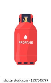 Propane red tank flat vector illustration. Industrial lng cylinder. Compressed, liquefied gas storage, metal balloon with valve. Steel canister, container for flammable gas isolated on white.