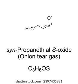 Propanethial S-oxide chemical formula and structure. Organosulfur compound, released from onions as they are sliced. Volatile liquid and tear gas, triggering tearing and stinging on contact with eyes.