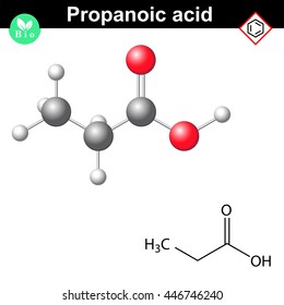 Propanoic acid molecule, 2d and 3d illustration of molecular structure, vector on white background, eps 8