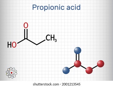 Propanoic acid, propionic acid molecule. It is short-chain saturated fatty acid, antifungal drug, antimicrobial agent E280. Structural chemical formula, molecule model. Sheet of paper in cage. Vector
