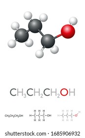 Propanol, CH3CH2CH2OH, n-propanol, molecule model and chemical formula. PrOH is a primary alcohol, disinfectant and solvent in the pharmaceutical and cosmetic industry. Isolated illustration. Vector.