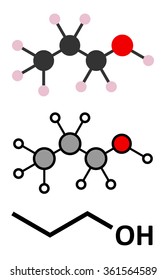 Propanol (n-propanol) solvent molecule. Stylized 2D renderings and conventional skeletal formula. 