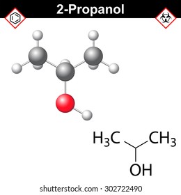 Propanol  - structural chemical formula and model of isopropanol, 2d and 3d isolated on white background, vector, eps 8