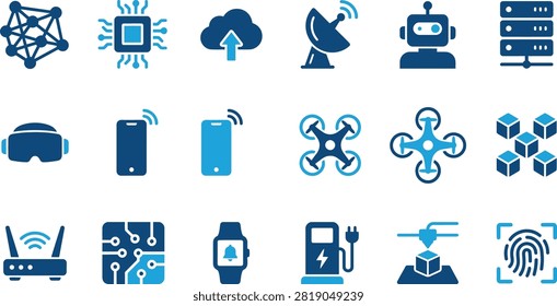 Propel your tech platforms, digital innovation dashboards, and application interfaces into the future with this comprehensive collection of modern smart device and future technology icons. Designed in a professional, dual-tone blue color scheme, this premium vector set showcases core symbols of modern computing and engineering. The collection features intuitive graphics for neural networks, microprocessor chips, cloud uploading, satellite signals, robotics, data hosting, VR headsets, mobile connectivity, drones, blockchain storage, wireless routers, circuit boards, smartwatches, electric vehicle chargers, 3D printing, and biometric fingerprint scanners. Perfectly optimized for UIUX developers, tech startups, IT consulting presentation slides, and data network architectures, these crisp visual elements deliver complex technological ideas with complete visual clarity.

#FutureTech #SmartDevices #TechnologyIcons #DashboardDesign #TechInnovation #UIUXDesign #VectorGraphics #BlockchainIcons #DigitalTransformation #InternetOfThings