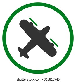 Propeller Aeroplane vector icon. Style is bicolor flat circled symbol, green and gray colors, rounded angles, white background.