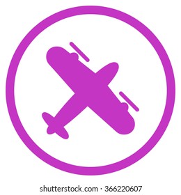 Propeller Aeroplane vector icon. Style is flat circled symbol, violet color, rounded angles, white background.