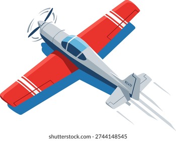 Propeller aircraft in flight, small aerobatic red plane illustration, light engine airplane vector on transparent background