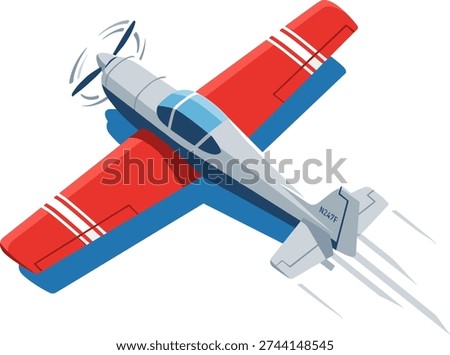 Propeller aircraft in flight, small aerobatic red plane illustration, light engine airplane vector on transparent background