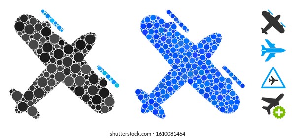 Propeller aircraft mosaic of round dots in variable sizes and color hues, based on propeller aircraft icon. Vector round dots are composed into blue collage.