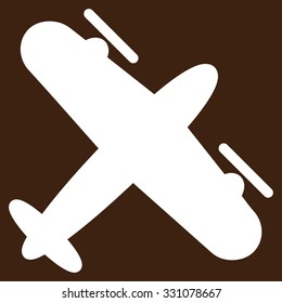 Propeller Aircraft vector icon. Style is flat white symbol, rounded angles, brown background.