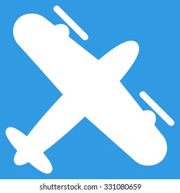 Propeller Aircraft vector icon. Style is flat white symbol, rounded angles, blue background.