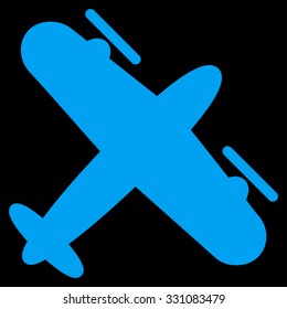 Propeller Aircraft vector icon. Style is flat blue symbol, rounded angles, black background.