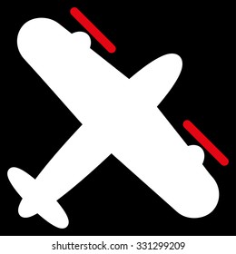 Propeller Aircraft vector icon. Style is flat bicolor red and white symbol, rounded angles, black background.