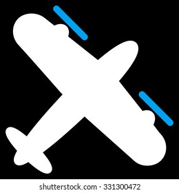 Propeller Aircraft vector icon. Style is flat bicolor blue and white symbol, rounded angles, black background.