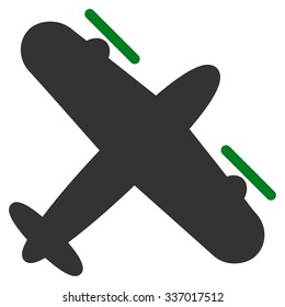 Propeller Aircraft vector icon. Style is flat bicolor green and gray symbol, rounded angles, white background.
