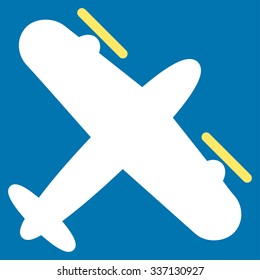 Propeller Aircraft vector icon. Style is flat bicolor yellow and white symbol, rounded angles, blue background.