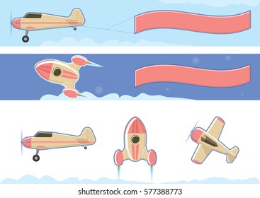 Propeller airplane with banner. Toy Rocketship and airplanes isolated on white. Flat style vector illustration