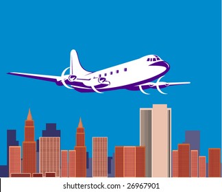 Propeller airplane with buildings in the background