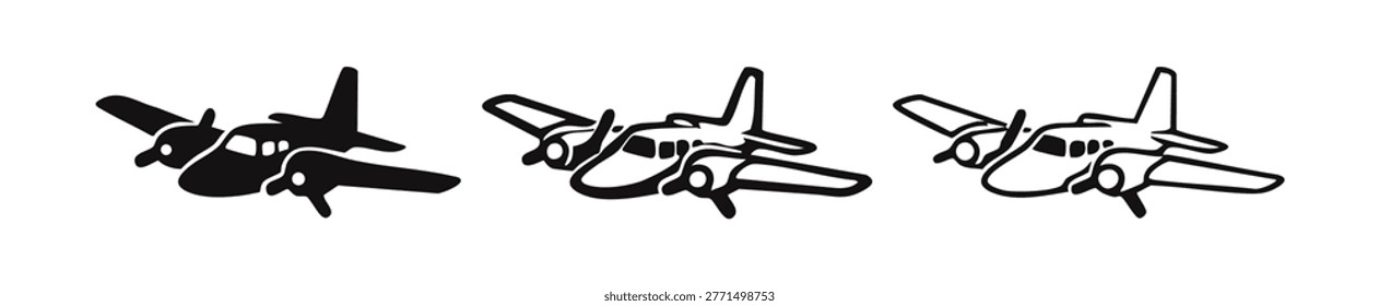 Propeller Airplane Icons Set - Side View Black and White Vector Illustration of Aircraft