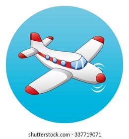 Propeller airplane on a blue background. Round icon.