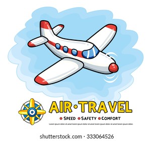 Propeller airplane on a sky background and a compass icon. Air travel illustration.
